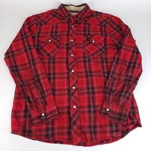 Sears Roebuck Flannel Shirt Mens Large Tartan Plaid Red Pearl Snap Long Sleeve‎